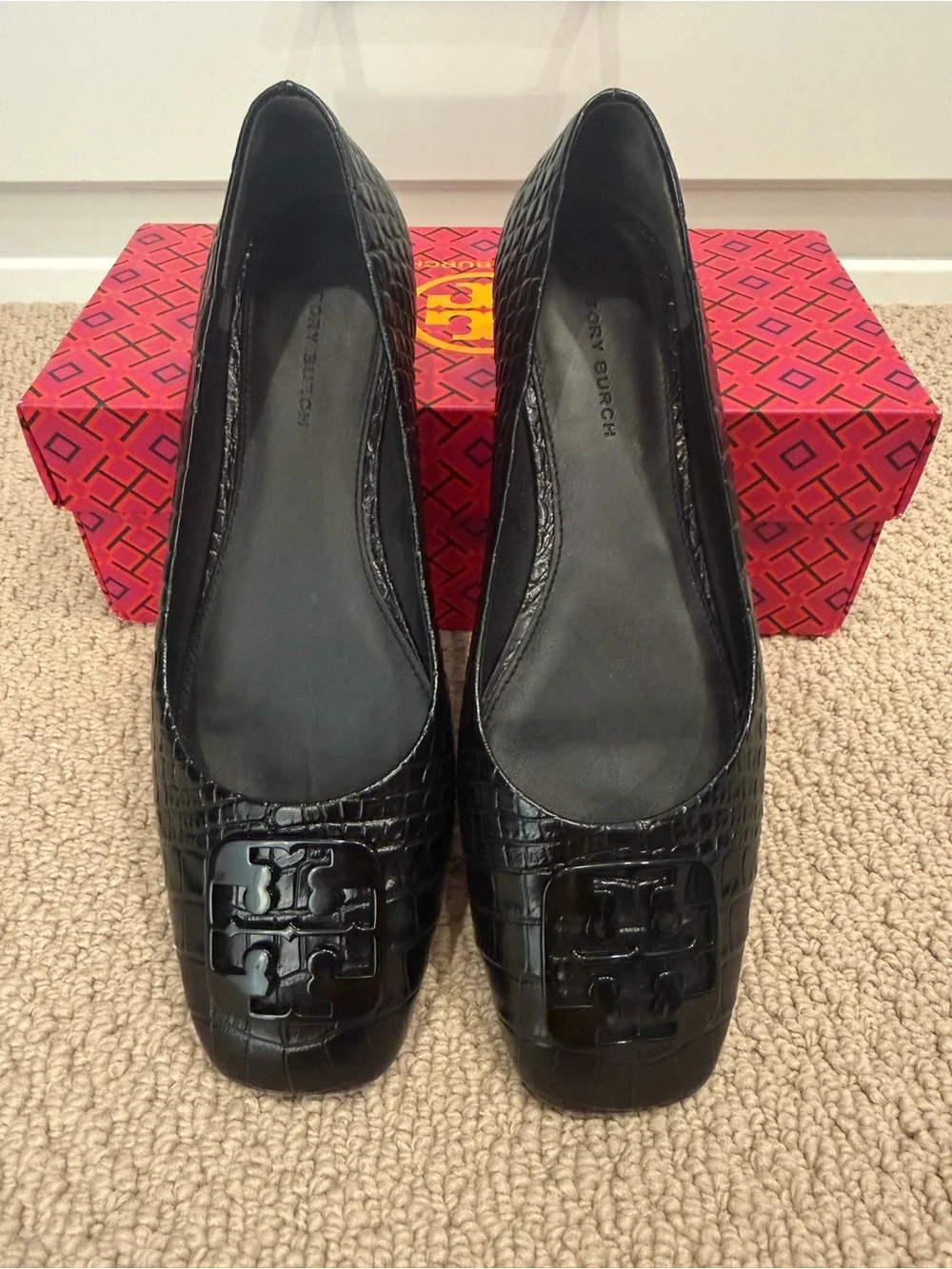 Tory Burch Georgia Square-Toe Ballet Flats - Black Croc-Embossed Logo-NWOT, 7.5M